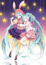  2girls animal_hood aqua_eyes aqua_hair bad_id bad_pixiv_id bloomers bow bowtie closed_eyes food fork frills fruit hatsune_miku hood hug lol_-lots_of_laugh-_(vocaloid) long_hair multiple_girls open_mouth pantyhose rabbit_hood reflection sailor_collar scrunchie skirt socks star_(symbol) stari strawberry striped_clothes striped_pantyhose thighhighs twintails underwear vertical-striped_clothes vertical-striped_pantyhose very_long_hair vocaloid 