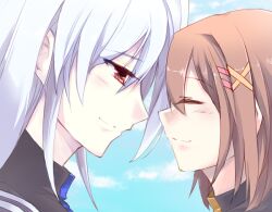  2girls bad_id bad_pixiv_id blush brown_hair closed_eyes cloud day face-to-face hair_ribbon happy kano_penguin long_hair lyrical_nanoha mahou_shoujo_lyrical_nanoha mahou_shoujo_lyrical_nanoha_a&#039;s mahou_shoujo_lyrical_nanoha_the_movie_2nd_a&#039;s multiple_girls red_eyes reinforce ribbon short_hair sky smile white_hair yagami_hayate 