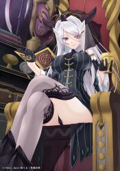  black_gloves black_panties book breasts chalice commentary_request copyright_name covered_nipples crossed_legs cup cupping_glass demon_horns facial_mark female gloves hair_ornament hair_over_one_eye holding holding_book horns large_breasts long_hair looking_at_viewer lucifugus_(moeru!_akuma_jiten) moeru!_akuma_jiten moeru!_jiten monocle nakano_sora official_art open_book panties photoshop_(medium) pinstripe_pattern purple_eyes single_horn sitting solo striped thighhighs throne underwear vertical_stripes white_hair 