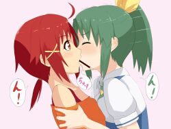  2girls commentary_request food green_hair hino_akane_(smile_precure!) kissing midorikawa_nao multiple_girls nanairogaoka_middle_school_uniform necktie orange_shirt pocky pocky_kiss ponytail precure red_hair school_uniform shared_food shirt short_hair smile_precure translated unpale yuri 