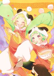  2girls ami7 animal_costume animal_ears bad_id bad_pixiv_id baozi blonde_hair blush bowl chinese_clothes closed_eyes food green_eyes green_hair gumi hair_ornament hairclip hat highres kagamine_rin meandros multiple_girls noodles oerba_yun_fang open_mouth outstretched_arms panda_costume panda_hat ramen red_eyes short_hair smile vocaloid yi_er_fan_club_(vocaloid) 