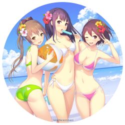  ;d ass ball bandeau banned_artist beachball bikini blush braid breasts brown_eyes brown_hair cleavage cloud day eating flower food hair_flower hair_ornament heart heart_cutout hibiscus ilog large_breasts long_hair looking_at_viewer mana_kakkowarai md5_mismatch multiple_girls navel o-ring o-ring_bottom o-ring_top ocean one_eye_closed open_mouth original ponytail popsicle purple_eyes purple_hair short_hair side-tie_bikini skindentation sky smile string_bikini swimsuit tongue tongue_out v 