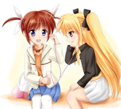  2girls alternate_legwear bad_id bad_pixiv_id bag blonde_hair brown_hair commentary_request digital_media_player earbuds earphones fate_testarossa hair_ribbon kachuten long_sleeves lyrical_nanoha mahou_shoujo_lyrical_nanoha mahou_shoujo_lyrical_nanoha_a&#039;s multiple_girls open_mouth orange_shirt pantyhose purple_eyes red_eyes ribbon shared_earphones shirt short_twintails skirt smile takamachi_nanoha twintails white_legwear 