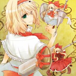  alice_margatroid blonde_hair blue_dress bow capelet commentary_request dress female green_eyes hair_ribbon hairband hairbow hourai_doll huge_weapon lance long_hair looking_back polearm puppet_strings red_dress ribbon sash shanghai_doll shield short_hair smile sword touhou weapon yuuta_(monochrome) 