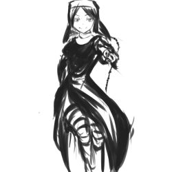  bad_link drawfag female greyscale gun habit handgun long_hair monochrome nun shinatsuhiko_yae side_slit solo striped_clothes striped_thighhighs thighhighs weapon yozakura_quartet 