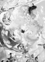  1boy artoria_pendragon_(fate) bad_id bad_pixiv_id bare_shoulders bow detached_sleeves earrings fate/stay_night fate/unlimited_codes fate/zero fate_(series) female fukuda935 gilgamesh_(fate) greyscale hairbow jewelry long_hair monochrome necklace official_alternate_costume ponytail saber_lily 