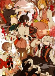  5girls akina422 ao_no_exorcist bad_id bad_pixiv_id bandages black_hair blonde_hair fox houjou_mamushi japanese_clothes kamiki_izumo kimono kirigakure_shura long_hair moriyama_shiemi multicolored_hair multiple_girls nii_(ao_no_exorcist) paku_noriko ponytail red_eyes red_hair short_hair snake sword tattoo twintails two-tone_hair weapon white_hair yellow_eyes 