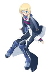  adele_balfetto black_legwear blonde_hair blue_eyes bodysuit boots female female fingerless_gloves flat_chest glasses gloves kyoukai_senjou_no_horizon kyoukaisenjou_no_horizon sitting smile solo 