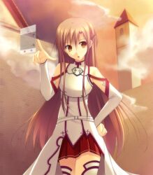  :o armor asuna_(sao) bare_shoulders breastplate brown_eyes brown_hair commentary_request detached_sleeves female hand_on_own_hip long_hair photoshop_(medium) skirt solo sword_art_online takepon thighhighs 