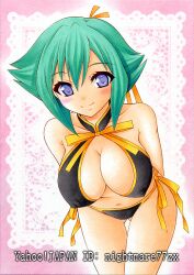  aquarion_(series) aquarion_evol bikini blue_eyes breasts cleavage cleavage_cutout clothing_cutout commentary_request female green_hair large_breasts nightmare77zx ribbon short_hair solo swimsuit traditional_media zessica_wong 