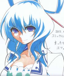  absurdres bad_id bad_pixiv_id blue_eyes blue_hair empty_eyes female highres kaku_seiga mattari_yufi shikishi short_hair smile solo touhou traditional_media upper_body vest 