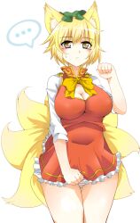  ... animal_ears blonde_hair bow breasts brown_eyes chen chen_(cosplay) cleavage cleavage_cutout clothing_cutout commentary_request cosplay female fox_ears fox_tail hat heart large_breasts mitsuami multiple_tails panties paw_pose red_skirt shirt short_hair skirt skirt_tug solo striped_clothes striped_panties tail touhou undersized_clothes underwear vest yakumo_ran 