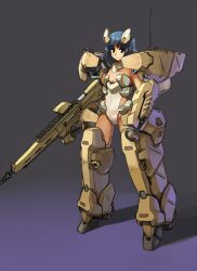  antennae armor assault_rifle blue_hair bodysuit commentary_request copyright_request female flyx2 frown gun mecha_musume red_eyes rifle short_hair solo weapon wheel 