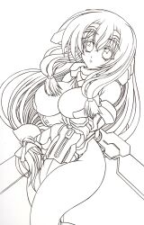  asama_tomo bodysuit breasts female female gloves hair_tube hair_tubes kyoukai_senjou_no_horizon kyoukaisenjou_no_horizon long_hair monochrome ponta_nikuman shoulders solo 