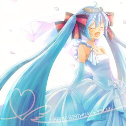  39 ahoge aqua_hair closed_eyes commentary_request dress elbow_gloves female gloves hair_ribbon happy_birthday hatsune_miku jewelry kamenosora long_hair necklace open_mouth ribbon skirt_hold solo twintails veil very_long_hair vocaloid 