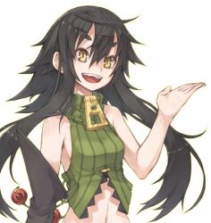  :d black_hair elbow_gloves female gloves long_hair mitsue_(satoma_makoto) open_mouth original photoshop_(medium) satoma_makoto simple_background single_elbow_glove single_glove smile solo striped vertical_stripes white_background yellow_eyes 