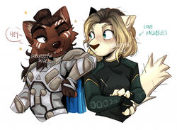  anthro armor bluezeru blush brown_body brown_fur cape clothing dialogue domestic_cat duo felid feline felis female fur green_eyes gulonine loki_(tv_series) mammal marten marvel marvel_cinematic_universe mustelid musteline one_eye_closed pine_marten simple_background sylvie_(marvel) valkyrie_(marvel) white_background wink yellow_body yellow_fur 