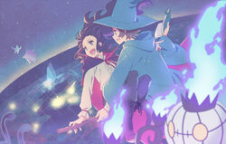  1boy blue_eyes blue_headwear book boots broom broom_riding cape chandelure commentary_request cross-laced_footwear dusclops eyelashes female fire floating_hair gengar halloween hat hilbert_(pokemon) hilda_(pokemon) holding holding_book long_hair long_sleeves looking_to_the_side michaelovten multiple_riders oerba_yun_fang open_mouth photoshop_(medium) pokemon pokemon_(creature) pokemon_bw robe sidelocks sidesaddle tongue witch_hat 