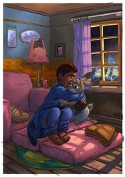  anthro barefoot bedding black_clothing black_shirt black_topwear blanket blue_clothing blue_robe bodily_fluids border bottomwear brown_hair chair closed_eyes clothing comforting crying curtains curtains_open dark_body dark_skin disney duo electronics feet female floor fur furniture grey_body grey_fur hair hi_res hug human inside judy_hopps kit-ray-live lagomorph lamp lamp_shade leporid male mammal pants phone photo pillow purple_eyes quentin_(zylo24) rabbit recliner robe rug self_insert shirt sweatpants tears topwear white_border window wood wood_floor zootopia 