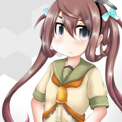  asagumo_(kancolle) bell brown_hair commentary_request cosplay de_ruyter_(kancolle) de_ruyter_(kancolle)_(cosplay) female green_sailor_collar grey_background grey_eyes hair_ribbon kantai_collection long_hair looking_at_viewer neckerchief orange_neckerchief ouno_(nounai_disintegration) ribbon sailor_collar school_uniform serafuku solo twintails two-tone_background upper_body white_background 