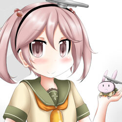  1other bell commentary_request cosplay de_ruyter_(kancolle) de_ruyter_(kancolle)_(cosplay) female green_sailor_collar grey_background hair_bobbles hair_ornament kantai_collection looking_at_viewer neckerchief orange_neckerchief ouno_(nounai_disintegration) pink_eyes pink_hair rabbit sailor_collar sazanami_(kancolle) school_uniform serafuku short_hair twintails two-tone_background upper_body white_background 