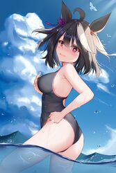  absurdres adjusting_clothes adjusting_swimsuit ahoge animal animal_ears ass bare_arms bare_shoulders bird black_hair black_one-piece_swimsuit blue_sky blush breasts cloud competition_swimsuit cowboy_shot day dongyue_sakura female from_side hair_ribbon hand_on_own_chest highres horse_ears horse_girl kitasan_black_(umamusume) large_breasts light_rays looking_at_viewer looking_to_the_side multicolored_hair nose_blush one-piece_swimsuit open_mouth outdoors partially_underwater_shot red_eyes red_ribbon ribbon sideboob sky solo streaked_hair sunbeam sunlight swimsuit tears two-tone_hair umamusume wading water water_drop wavy_mouth wet white_hair 