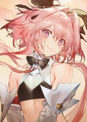  1boy astolfo_(fate) astolfo_(saber)_(fate) bare_shoulders black_bow black_ribbon blush bow bowtie crop_top detached_sleeves fang_out fate/grand_order fate_(series) hair_between_eyes hair_intakes hair_ornament hair_ribbon hairbow kodama_(wa-ka-me) long_hair looking_at_viewer male_focus midriff multicolored_hair oerba_yun_fang otoko_no_ko pink_hair purple_eyes ribbon skin_fang smile solo streaked_hair twintails upper_body white_hair 