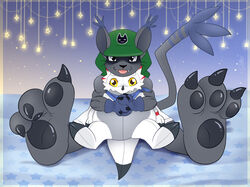  anthro bandai_namco black_body black_fur blackgatomon blackgatomon_uver. blep claws clothing digimon digimon_(species) digimon_ghost_game domestic_cat feet felid feline felis foot_focus fur gammamon gammamon_(ghost_game) hoodie mammal pawpads plushie snowyseal solo tongue tongue_out topwear wear 