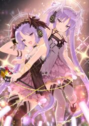  2girls :d :p arm_up bare_shoulders bell_(oppore_coppore) black_dress black_footwear black_legwear black_wings chains closed_mouth collarbone commentary_request dress euryale_(fate) euryale_(twin_star_divas)_(fate) fate/grand_order fate/hollow_ataraxia fate_(series) feathered_wings frills glint glowing grey_dress grey_footwear grey_legwear head_wings headphones highres holding long_hair matching_outfits microphone_stand multiple_girls open_mouth parted_bangs purple_eyes purple_hair shoes siblings sisters smile standing standing_on_one_leg stheno_(fate) stheno_(twin_star_divas)_(fate) thighhighs tongue tongue_out twins twintails very_long_hair white_wings wings 