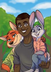  2016 absurd_res aloha_shirt anthro arm_around_neck bottomwear brown_eyes brown_hair buckteeth canid canine carrying_another clothing cloud dark_body dark_skin denim denim_bottomwear denim_clothing digital_media_(artwork) disney eyelashes female fox fur green_clothing green_eyes green_shirt green_topwear grey_body grey_clothing grey_fur grey_shirt grey_topwear group hair hi_res human jeans judy_hopps lagomorph leporid looking_at_viewer male malimarthemage mammal necktie nick_wilde orange_body orange_fur outside pants pattern_clothing pattern_shirt pattern_topwear pink_clothing pink_shirt pink_topwear plant purple_eyes quentin_(zylo24) rabbit red_fox self_insert shirt signature sky smile teeth topwear tree trio true_fox zootopia 