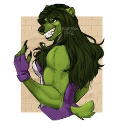  anthro bear bluezeru clothing female fur gloves green_body green_fur grin handwear hi_res mammal marvel she-hulk smile solo wall_(structure) 