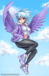  2021 alternate_species bottomwear clothed clothing cloud cloud_chaser_(mlp) digital_media_(artwork) eyelashes female footwear friendship_is_magic fully_clothed hair hand_in_pocket hasbro hi_res humanoid humanoidized jacket looking_at_viewer midriff multicolored_hair my_little_pony navel not_furry pants pockets purple_eyes racoon-kun shirt shoes sky smile solo text topwear two_tone_hair url winged_humanoid wings 