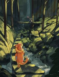  absurdres cindy_(pigeoncindy_) commentary english_commentary fallen_tree floatzel forest furry greninja highres mushroom nature outdoors pokemon pokemon_(creature) rock shadow stream tongue water 