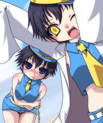  2girls 793_(oo793oo) bent_over between_breasts blue_eyes blue_hair blush breast_hold breasts commentary_request cuffs dark_persona handcuffs hat lab_coat large_breasts midriff multiple_girls necktie one_eye_closed open_mouth persona persona_4 shirogane_naoto short_hair yellow_eyes 