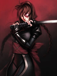  bodysuit braid brown_hair eyepatch female fingerless_gloves gloves heart heart_eyepatch iwai_ryou jubei-chan katana long_hair nanohana_jiyuu ninja photoshop_(medium) red_eyes solo sword twin_braids weapon 