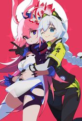  3girls :d :o animal_ears black_gloves black_jacket black_pants blue_eyes braid braided_ponytail breasts cat_ears closed_eyes closed_mouth commentary_request fake_animal_ears fox_ears fox_girl fox_tail gloves hair_between_eyes hair_ornament headband headphones headphones_around_neck higokumaru honkai_(series) honkai_impact_3rd hug hug_from_behind jacket japanese_clothes kallen_kaslana kallen_kaslana_(ritual_imayoh) kimono long_hair long_sleeves looking_at_viewer multiple_girls naoya_come one_eye_closed open_mouth pants pink_background pink_hair purple_eyes see-through see-through_shirt shirt simple_background single_glove single_thighhigh smile tail thighhighs v white_hair white_kimono white_legwear white_shirt yae_sakura yae_sakura_(goushinnso_memento) 