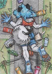  anthro blue_hair bottomwear canid canine canis clothing crush cutoffs denim denim_bottomwear denim_clothing destruction domestic_dog female fluffy fluffy_tail hair hand_print hindpaw husky macro mammal nikita_(tirrel) nordic_sled_dog outside pawpads paws shorts spitz tail tirrel vehicle_destruction 