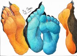  2021 5_toes ambiguous_gender barefoot black_claws black_nails blue_soles claws colored_nails countershade_feet countershading duo feet foot_focus grey_claws grey_nails hi_res humanoid_feet membrane_(anatomy) mroleoso multicolored_body nails plantigrade signature simple_background soles toe_claws toes two_tone_body webbed_feet wrinkles 