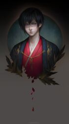  1boy artist_name bad_deviantart_id bad_id black_background black_hair blood circle commission earrings fantasy felice haori highres japanese_clothes jewelry kimono looking_at_viewer male_focus original petals purple_eyes realistic red_kimono short_hair solo upper_body 