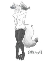  absurd_res anthro big_legs braixen canid canine feet fox generation_6_pokemon hi_res looking_at_viewer male mammal monochrome mr_fuwa nintendo pokemon pokemon_(species) simple_background solo thick_thighs 