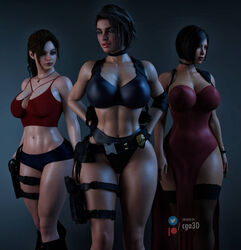  3d 3girls abs ada_wong ada_wong_(adriana) belt bikini_bottom biohazard black_bra black_hair black_panties black_underwear blue_eyes bra breasts brown_eyes brown_hair capcom casual cga3d claire_redfield claire_redfield_(jordan_mcewen) collar curvaceous curvy_female curvy_figure dress erotichris eyebrow_piercing female female_only firearm footwear gun handgun high-waist_panties human jill_valentine jill_valentine_(sasha_zotova) large_breasts lip_piercing makeup midriff midriff_cutout neckwear nipples nipples_visible_through_clothing nose_piercing panties patreon_username ponytail red_bra resident_evil resident_evil_2 resident_evil_2_remake resident_evil_3 resident_evil_3_remake s.t.a.r.s short_hair thick_thighs thighhighs twitter_username underwear voluptuous voluptuous_female weapon wristwear 