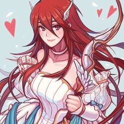  alternate_costume blue_background blue_ribbon bow_(weapon) breasts bride bride_(fire_emblem) choker closed_mouth collarbone commentary cordelia_(bridal)_(fire_emblem) cordelia_(fire_emblem) detached_sleeves dress english_commentary faithom female fingernails fire_emblem fire_emblem_awakening fire_emblem_heroes hair_between_eyes hair_ornament heart holding holding_bow_(weapon) holding_weapon lips long_hair looking_at_viewer medium_breasts official_alternate_costume pink_lips red_eyes red_hair ribbon simple_background smile solo strapless strapless_dress very_long_hair weapon wedding_dress white_choker white_dress white_sleeves wing_hair_ornament 