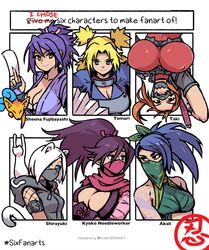  6+girls akairiot akali animal_ears arknights bandana bare_shoulders blonde_hair blue_eyes blue_hair breasts brown_eyes brown_hair character_name cleavage covered_nipples disgaea english_text feline fujibayashi_sheena green_bandana grey_mask hand_up highres kyoko_needleworker league_of_legends makai_senki_disgaea_3 mask mouth_mask multiple_drawing_challenge multiple_girls naruto_(series) ninja ninja_mask ponytail purple_eyes purple_hair purple_mask shirayuki_(arknights) six_fanarts_challenge soulcalibur taki_(soulcalibur) tales_of_(series) tales_of_symphonia temari_(naruto) trait_connection upper_body upside-down white_cat white_hair 