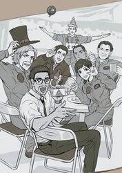  6+boys \m/ ace_combat ace_combat_7 artist_request black_hair bottle cellphone chair closed_eyes count_(ace_combat_7) dark_skin david_north drink everyone female glass glasses hat highres holding huxian jaeger_(ace_combat) lanza_(ace_combat) long_hair looking_at_viewer monochrome multiple_boys necktie open_mouth patch phone pilot plate ponytail sitting skald_(ace_combat) smartphone smile symbol table thumbs_up top_hat waving 