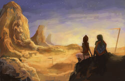  1boy breasts commentary completion_time dark-skinned_female dark_skin desert english_commentary female from_behind gerudo hat highres holding_hands link long_hair matias_habert mirror_shield mountain nabooru night night_sky outdoors painting_(medium) photoshop_(medium) ponytail red_hair shield shield_on_back sideboob sitting sky star_(sky) starry_sky the_legend_of_zelda the_legend_of_zelda:_ocarina_of_time traditional_media watercolor_(medium) 