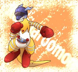  aira_(moratorium) animal_ears boots boxing_gloves character_name commentary_request digimon digimon_(creature) doll gloves helmet kangaroo kangaroo_girl kangarumon no_humans solo teeth 