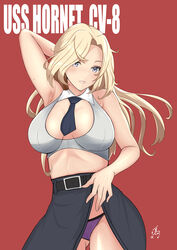  absurdres arm_behind_head arm_up armpits baji_toufuu_(bajitohfu) belt black_belt black_necktie black_skirt blonde_hair breasts clothes_lift crop_top female grey_eyes highres hornet_(kancolle) kantai_collection large_breasts lifting_own_clothes long_hair necktie no_legwear panties pencil_skirt purple_panties shirt skirt skirt_lift sleeveless sleeveless_shirt solo underwear white_shirt 