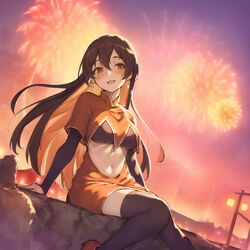  absurdres aerial_fireworks ai-generated artist_request blush brown_hair colored_inner_hair commentary earrings english_commentary female fireworks happy_new_year highres jewelry midriff monero monero-chan multicolored_hair navel new_year open_mouth orange_hair outdoors power_lines solo thighhighs two-tone_hair utility_pole 