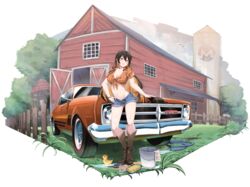  absurdres barn boots breasts brown_hair bucket car cleavage clothing_request cowboy_boots denim denim_shorts female gie_(gienara) highres holden holden_monaro midriff monero monero-chan motor_vehicle multicolored_hair name_connection navel on_vehicle outdoors second-party_source shorts solo transparent_background vehicle_focus washing_vehicle 