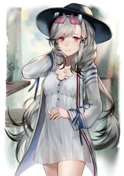  azur_lane black_headwear butterfly_hair_ornament buttons cup dress dunkerque_(afternoon_venus)_(azur_lane) dunkerque_(azur_lane) eyewear_on_head female french_flag grey_hair hair_ornament hand_in_own_hair holding holding_cup jacket looking_at_viewer official_alternate_costume partially_unbuttoned red-tinted_eyewear red_eyes solo sunglasses tinted_eyewear uonomeuroko white_dress white_jacket 